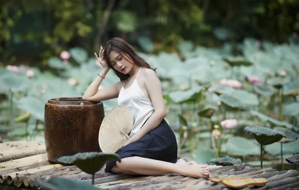 Picture girl, nature, pond, fan, Lotus, Asian, barrel