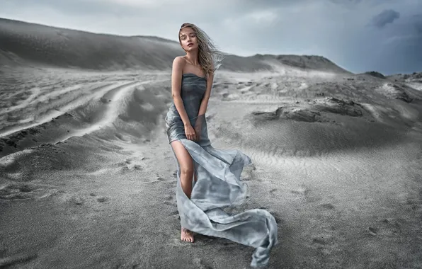 Picture look, girl, pose, desert, hair, dress