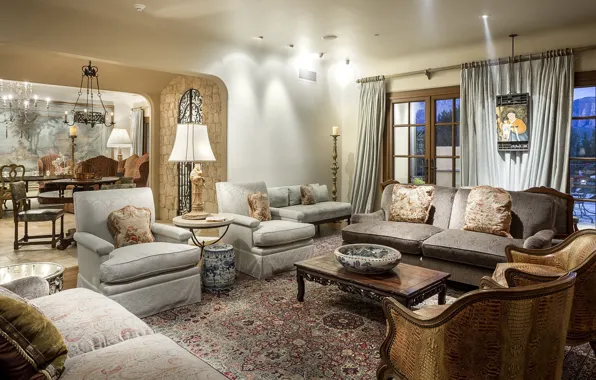 Sofa, furniture, window, chandelier, mansion, living room