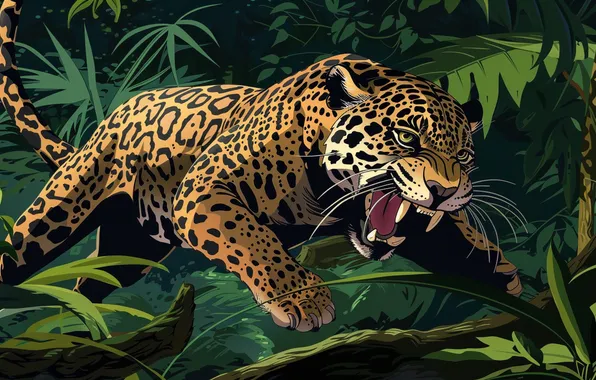 Picture Grass, Jump, Jaguar, Fangs, Face, Predator, Art, Digital art