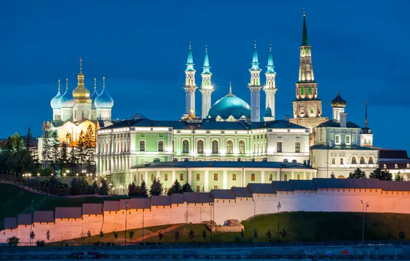 Lights, lights, Church, tower, The Kremlin, mosque, Kazan, Tatarstan