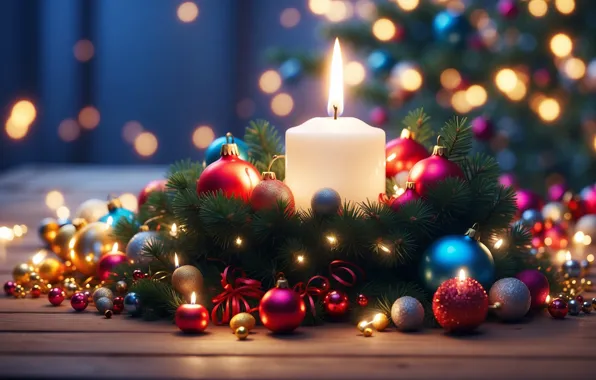 Balls, light, branches, lights, lights, table, fire, flame