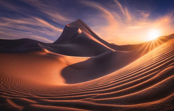 Sand, the sun, light, line, sunset, the dunes, hills, desert