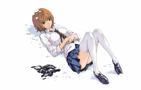 Snow, tie, red, schoolgirl, portfolio, lying on her back, white stockings