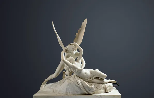 Girl, wings, hugs, sculpture, Museum, art, the young man, mythology