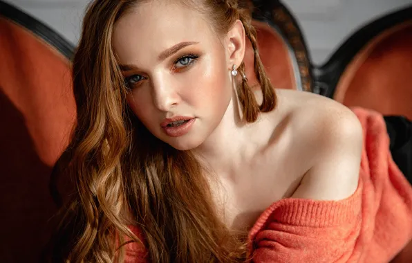 Picture look, girl, face, makeup, red, redhead, shoulder, long hair
