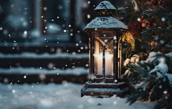 Picture winter, snow, decoration, night, New Year, Christmas, lantern, light