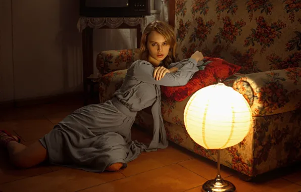 Picture look, girl, pose, room, model, dress, lamp, beauty