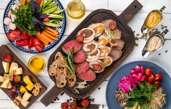 Picture cheese, cuts, sauce, vegetables, meat, cutting, pickles