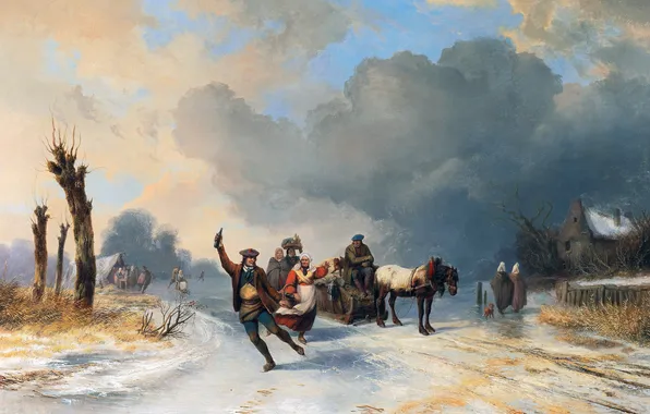 Clouds, Home, Road, Horse, Ice, People, Picture, Sleigh