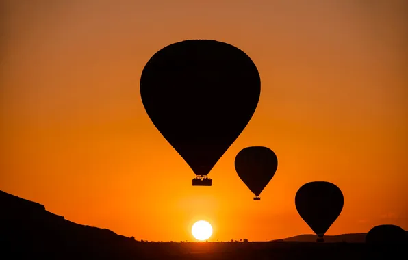 The sky, the sun, sunset, mountains, balloon, silhouette, Turkey, Cappadocia