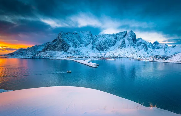 Sky, Water, Mountain, Snow, Norway, Pure, Lofoten Island