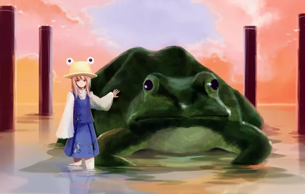 Water, clouds, birds, frog, hat, girl, columns, toad