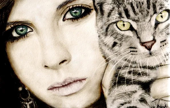 Picture cat, look, girl, face, eyelashes, animal, earrings, green eyes