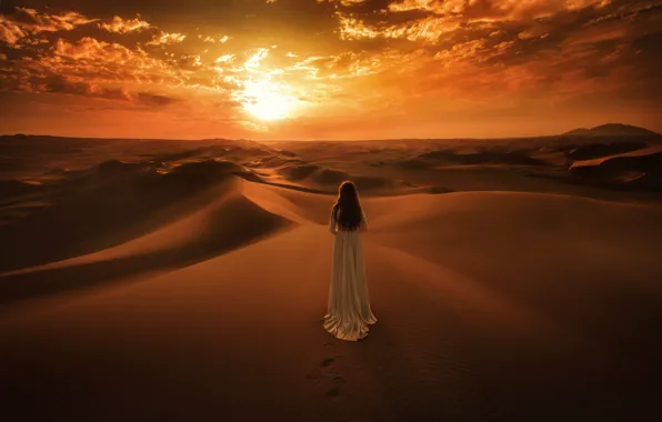 Sand, the sky, girl, the sun, clouds, landscape, sunset, traces