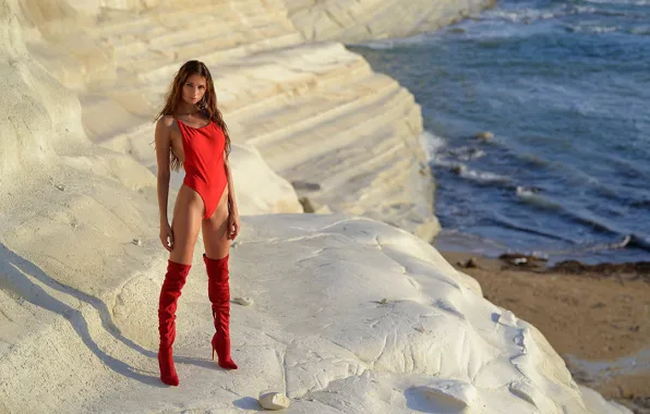 Sea, swimsuit, look, the sun, landscape, pose, stones, rocks