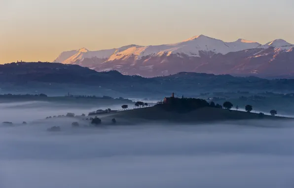 Trees, mountains, fog, hills, home, morning, Italia, Reign