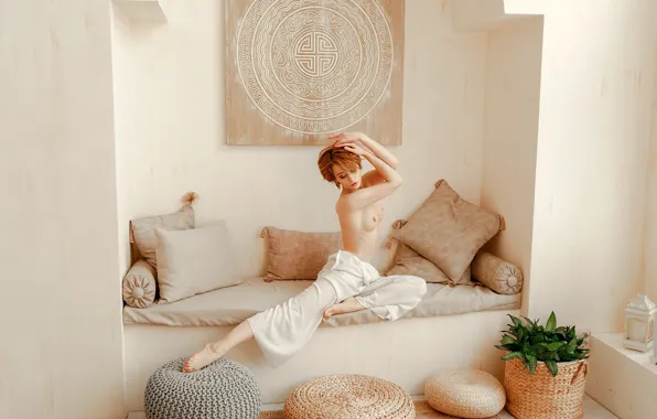 Chest, sexy, pose, model, bed, interior, pillow, makeup
