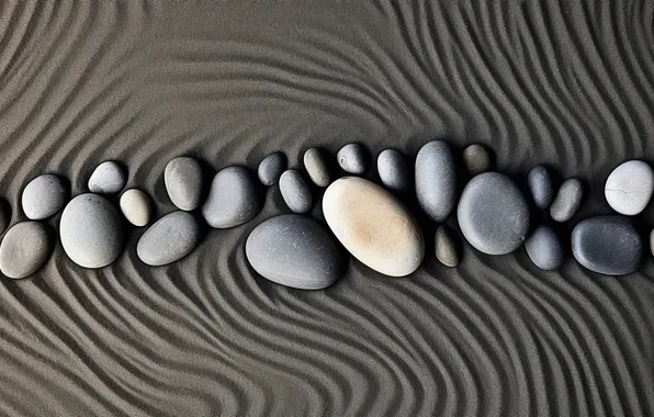 Sand, line, pebbles, stones, texture, grey background, stones, pebbles