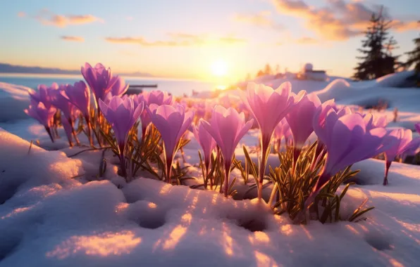 The sun, light, snow, flowers, glade, spring, crocuses, pink
