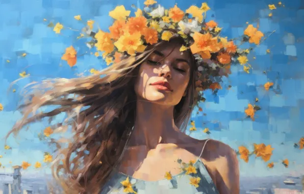 Summer, girl, flowers, nature, face, paint, portrait, picture