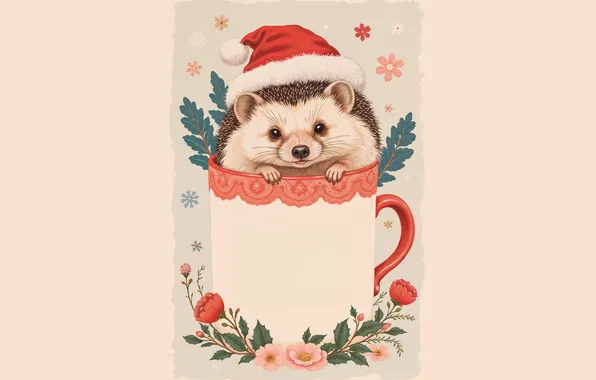 Look, flowers, frame, Christmas, mug, New year, hedgehog, face
