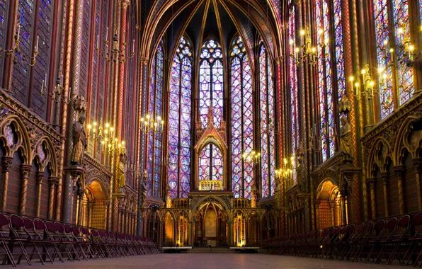 Gothic, candles, Cathedral, stained glass, paris, france, chandeliers, Sainte Chapelle