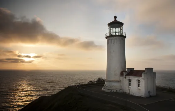 Sea, sunset, lighthouse, dal, horizon, Washington, USA, Cape