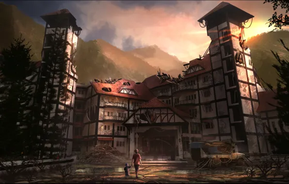 Mountains, house, woman, devastation, car, child, abandoned place