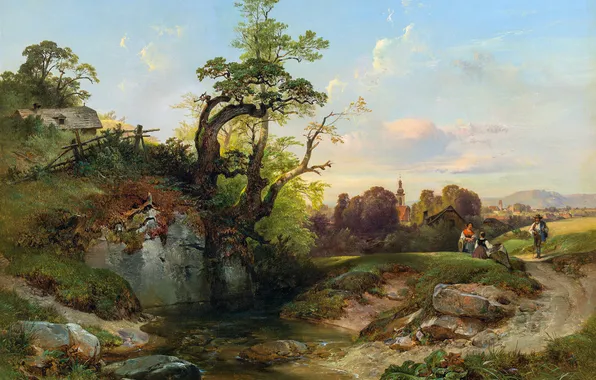 Home, Road, People, Picture, Austrian landscape painter, Anton Hansh, Anton Hansch, On the way to …