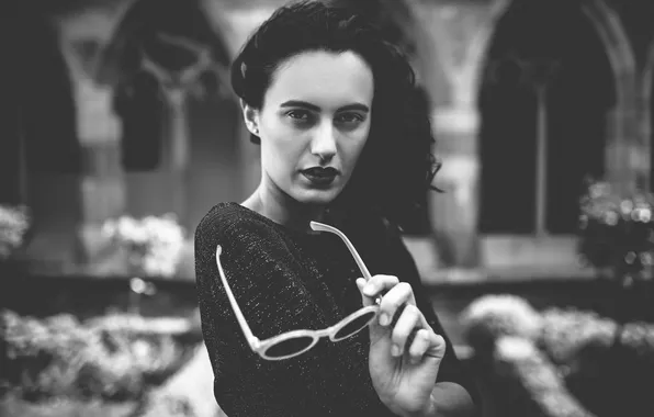 Girl, hair, hands, garden, dress, glasses, lips, direct look