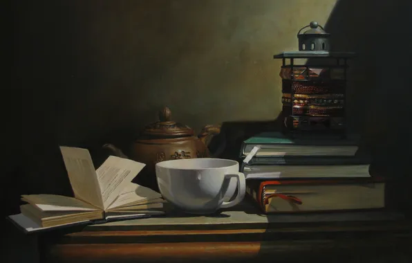 Books, Cup, twilight, still life, teapot