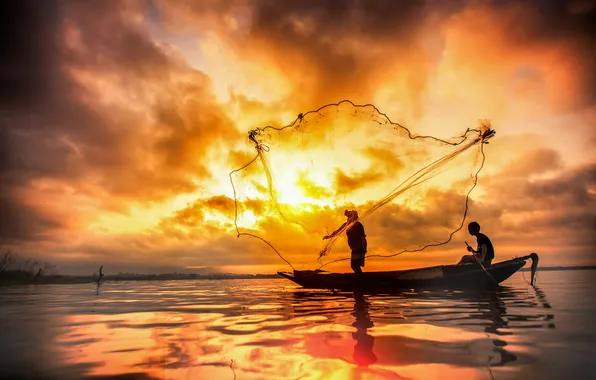 Picture night, nature, network, lake, boat, fishing