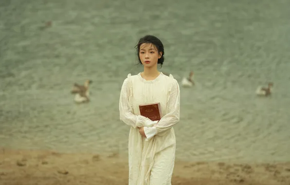 Beautiful, Birds, Asian, Model, Water, Woman, Cute, Lake
