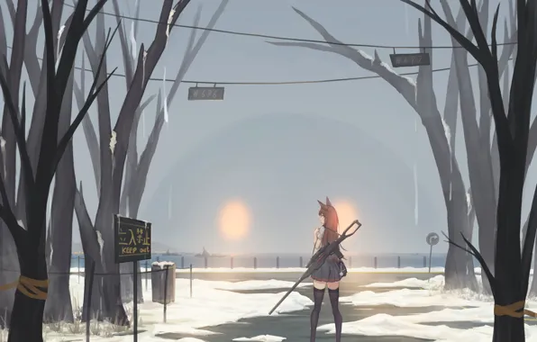 Girl, snow, trees, monster, glowing eyes, vinnovka