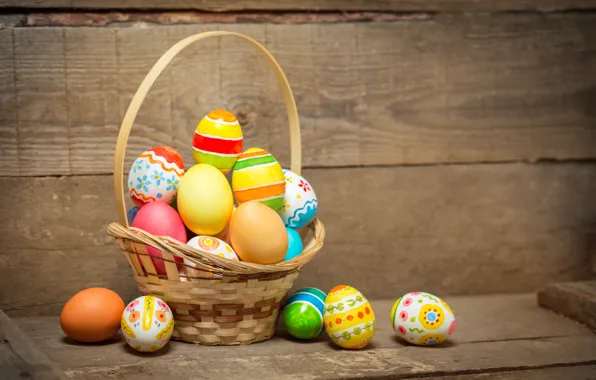 Basket, colorful, Easter, happy, wood, spring, Easter, eggs