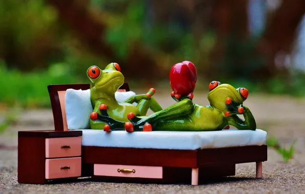 Picture love, bed, Frog, Prince, heart, Lady