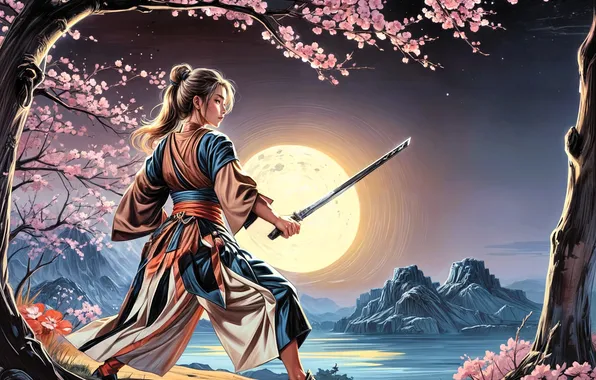 Girl, mountains, the moon, spring, sword, samurai, Asia, bright moon