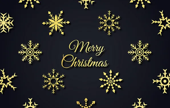 Snowflakes, gold, new year, black background, postcard, Background, Snowflakes