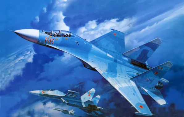The sky, stars, aviation, blue, the plane, USSR, Su-27, spark
