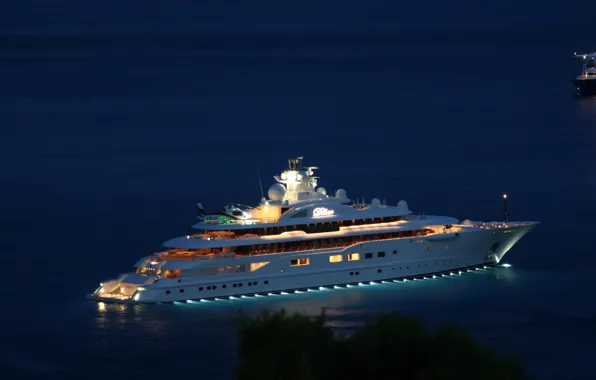 Night, yacht, helicopter, night, helicopter, yacht, sea., super yacht