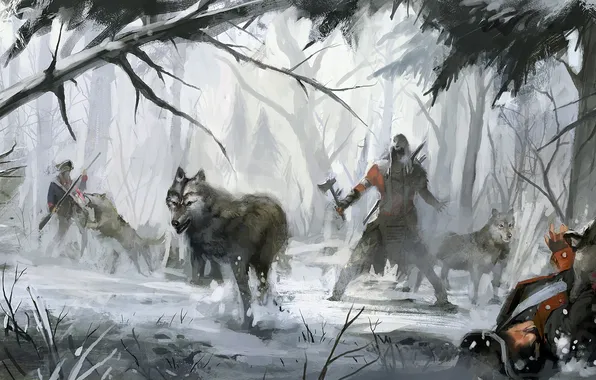Picture forest, wolves, assassins creed 3, Connor
