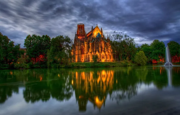 Picture trees, pond, Park, Germany, Cathedral, fountain, germany, the Church