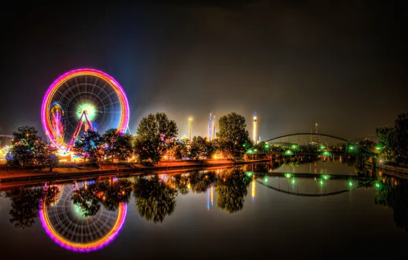 Night, lights, The city, Ferris wheel