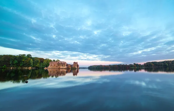 Trees, nature, lake, reflection, castle, ruins, Latvia