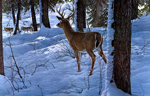 Winter, forest, snow, deer, art, wolves, Ron S. Parker