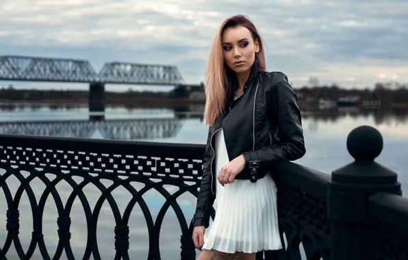 Picture look, girl, bridge, pose, river, hair, jacket, balaluev