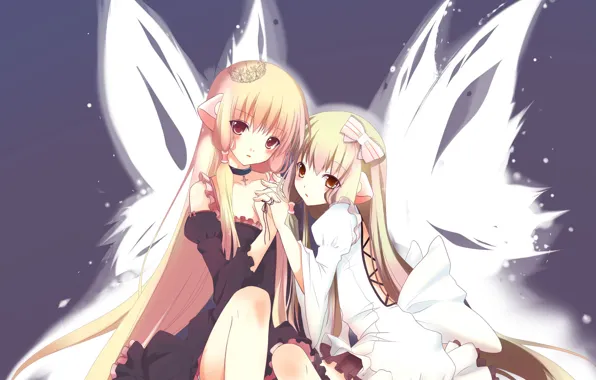 Girls, wings, crown, Two, bow, long hair