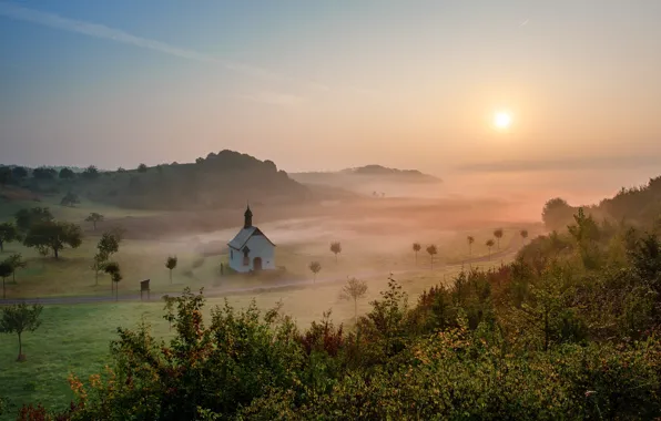 Picture field, fog, dawn, hills, morning, Church, haze, chapel