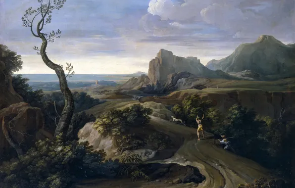 Picture tree, rocks, dog, picture, hunter, Corrado Dzhakvinto, Landscape with Hunters